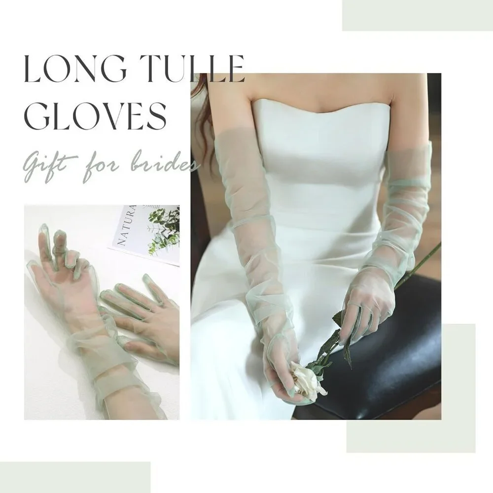 Women's Green Long Tulle Pearl Long Sleeves Gloves Bridal Party Prom Costumes